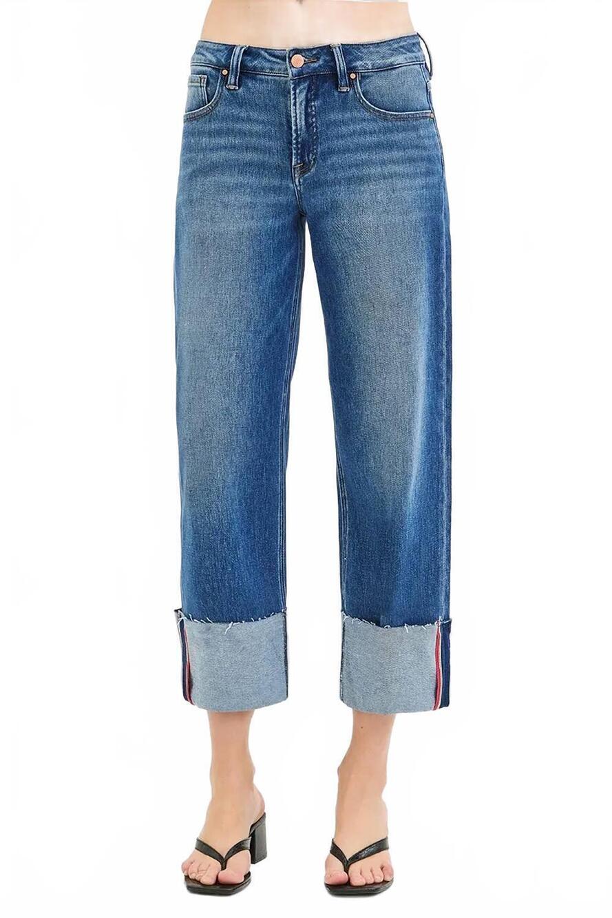 NEW RISEN tummy control mid rise crop wide cuffed jeans in blue